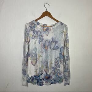 Sioni Floral Print Chiffon Knit Slouchy Sweater Coastal Boxy Long Sleeve Size M